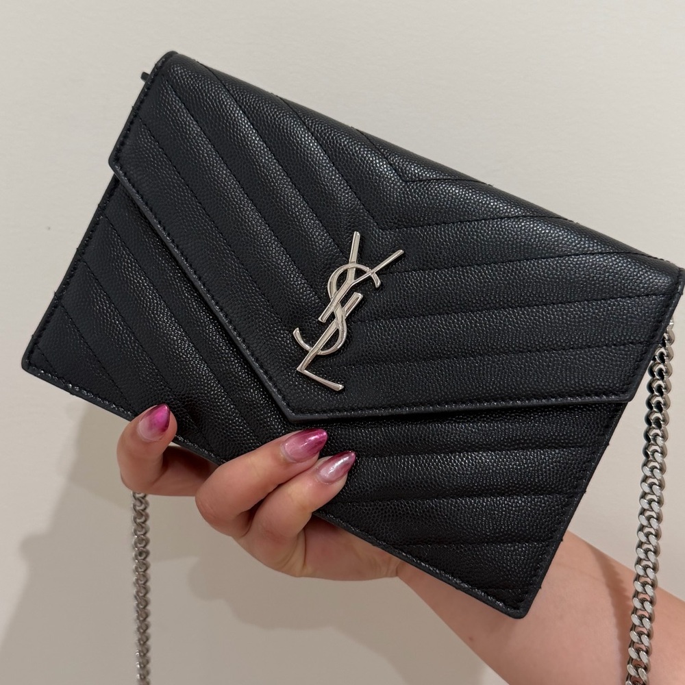 Yves Saint Laurent black Cassandre envelope flap crossbody bag silver chain